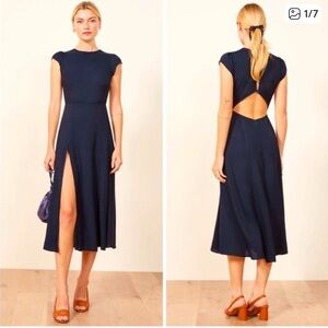 Reformation Navy Blue Flowing Short-Sleeve Dress